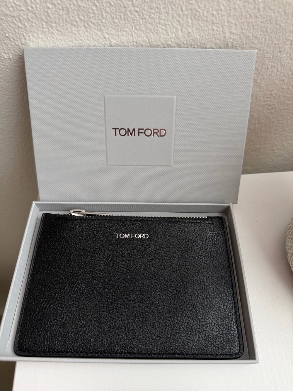 Tom Ford Black Leather Zip Pouch with Silver Hardware